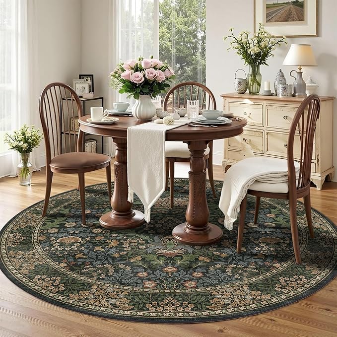 6ft Round Area Rugs for Living Room, Washable Floral Circle Rug Non Slip Low Pile, Vintage Boho Botanical Birds Throw Carpet for Farmhouse, Bedroom, Dining Room, Retro Gold/Green