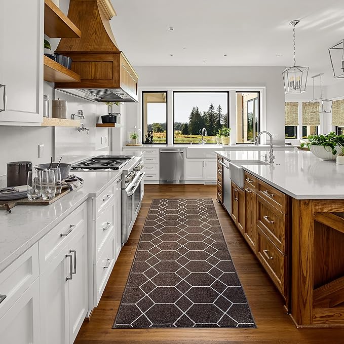 Custom Made Runner Rug for Kitchen Foyer Hallway Entry Choose Your Length Size 26 Inch Wide Geometric Lattice Design Brown Color (18 feet x 26 inch)