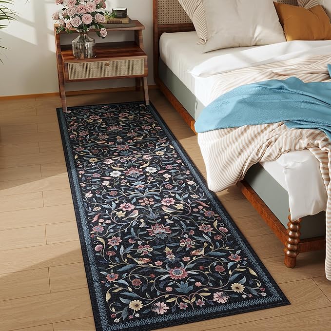 Vintage Medallion Floral Kitchen Runner 2x6, Machine Washable Rug, Soft Low Pile, Non-Slip Carpet for Hallways, Laundry, Bedroom, Bathroom, Entryway | Blue