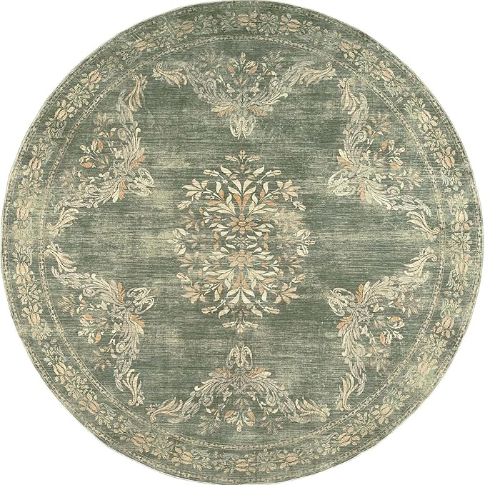 jinchan Round Rug 6ft Area Rugs Vintage Floral Distressed Design,Machine Washable Soft Non-Slip Low-Pile Ultra-Thin Circle Rug for Bedside Living Room Dining Room Bedroom (6' Round, Dark Green)
