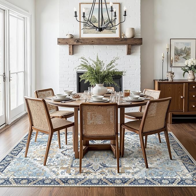 8x10 Area Rug Machine Washable Boho Rug for Living Room,Ultra-Thin Low Pile Carpet,Lightweight Indoor Printed Rug,Non Slip Floral Area Rug for Bedroom, Dining Room, Home Office,Blue