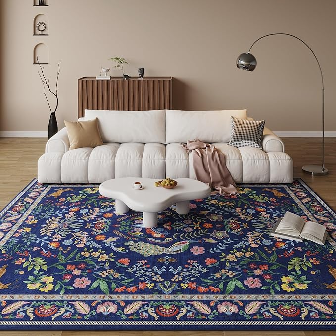 Rugcomf Living Room Rug 5x7 Rug Machine Washable Area Rug Floral Non-Slip Low Pile Large Rugs for Living Room, Bedroom, Farmhouse, Dining Room, Kids Playroom(Blue)