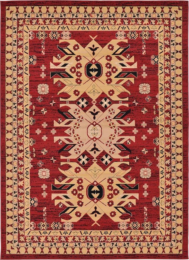 Unique Loom Taftan Collection Border Geometric Tribal Inspired Design Area Rug (7' 0 x 10' 0 Rectangular, Red/ Gold)