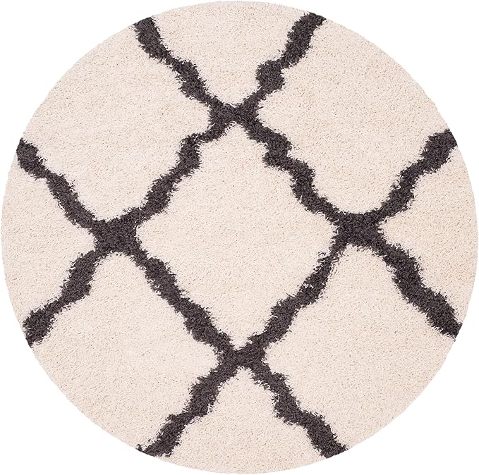 SAFAVIEH Dallas Shag Collection Area Rug - 8' Round, Ivory & Dark Grey, Trellis Design, Non-Shedding & Easy Care, 1.5-inch Thick Ideal for High Traffic Areas in Living Room, Bedroom (SGD257H)
