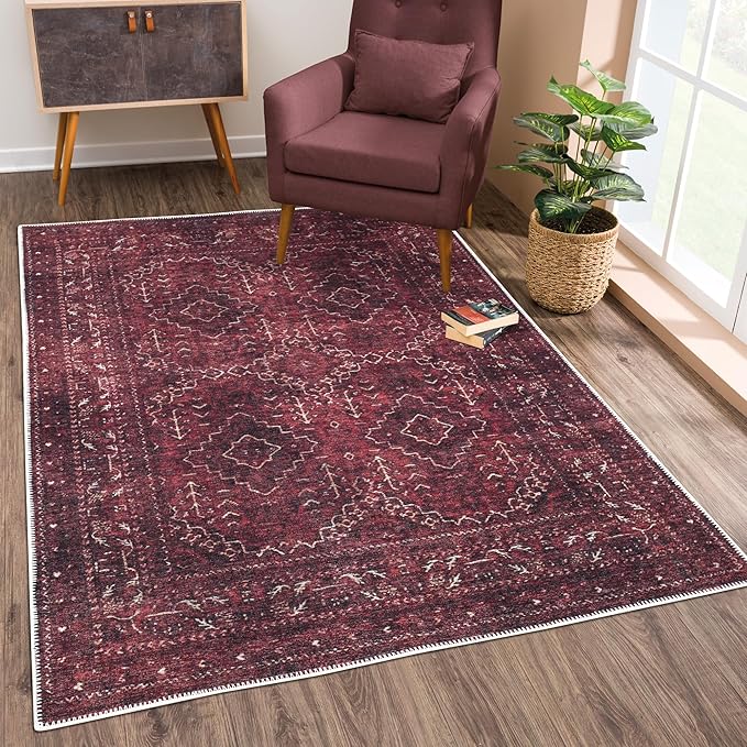 Bloom Rugs Washable Non-Slip 4' x 6' Rug - Dark Red Traditional Bordered Area Rug for Living Room, Bedroom, Dining Room, and Kitchen - Exact Size: 4' x 6'