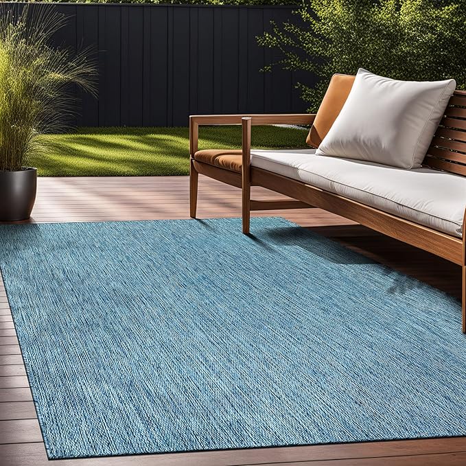 Beverly Rug Indoor Outdoor Rug 10x14, Washable Outside Carpet for Patio, Deck, Porch, Solid Modern Area Rug, Water Resistant, Aqua Blue