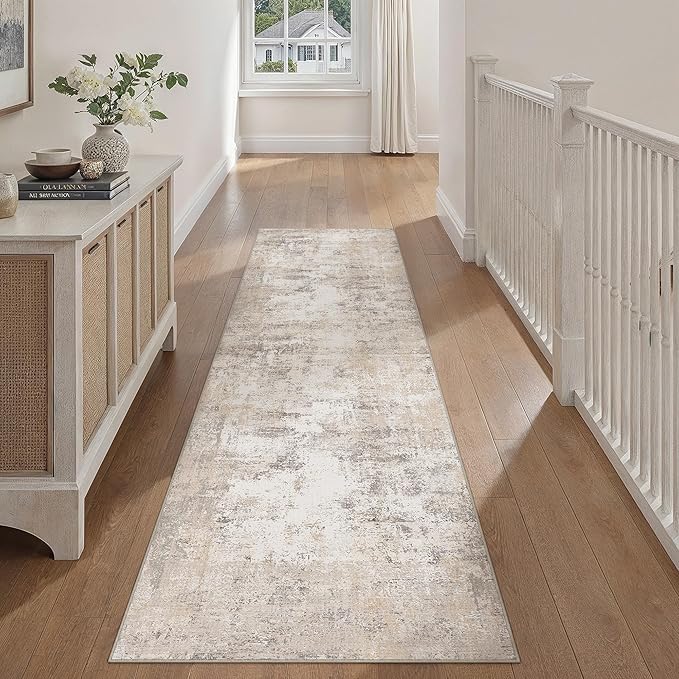 3x8 Washable Runner Rug Beige Grey Abstract Hallway Kitchen Throw Rug Neutral Modern Non Slip Soft Low Pile Carpet for Bathroom Laundry Bedroom Living Room