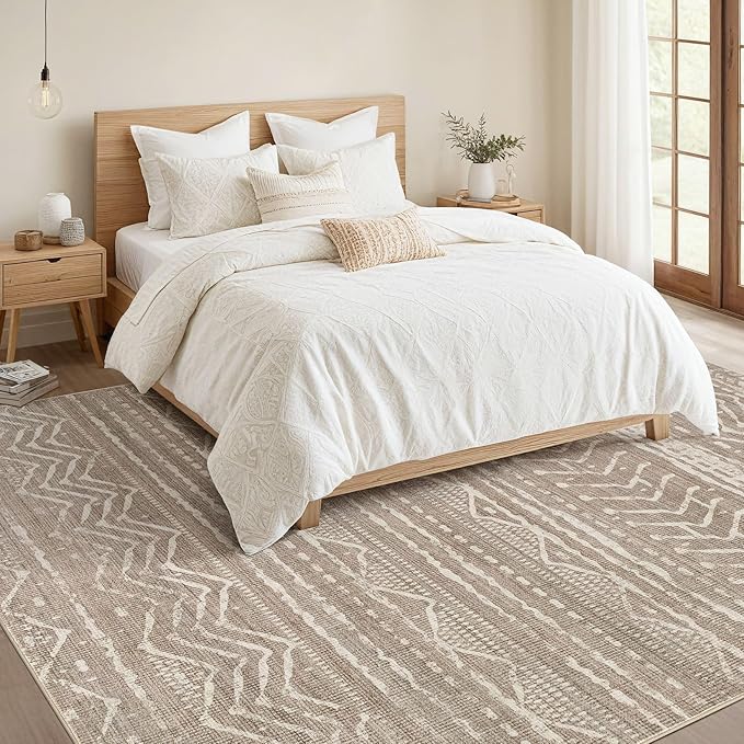 Nakagishi 7x9 Area Rugs Living Room: Washable Boho Large Neutral Soft Farmhouse Rug Stain Resistant Modern Geometric Non-Slip Indoor Floor Carpet for Bedroom Nursery Kids Playroom Office Dining Room