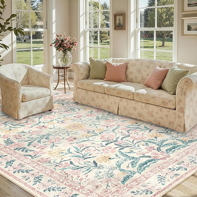 Lahome Large Rugs for Living Room, Boho Machine Washable 8x10 Area Rugs Girls Bedroom Decor, Ultra-Thin Soft Distressed Floral Carpets Non Slip for Office Dining Room, Pink/Multi