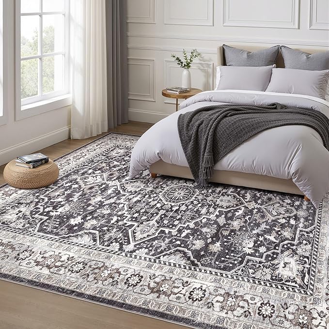 Black Rug Living Room Rugs: 10x12 Washable Boho Large Vintage Moody Soft Distressed Oriental Stain Resistant Non-Slip Indoor Floor Carpet for Bedroom Playroom Office Dining Room Retro Home House