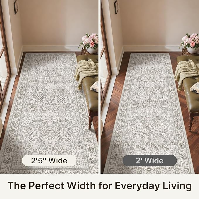Bavni 2'6''x6 Rug Runners for Hallways, Washable Runner Rug Non Slip, Vintage Floral Print Style Rugs for Bedroom-Lightweight Low Pile Carpet for Hallways Bathroom,Light Gery