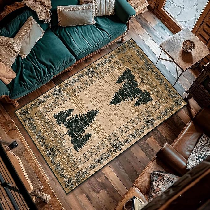 UNREASTO Country Cabin Area Rug 5x7ft Rustic Nature Forest Pine Cone Pine Tree Plant Vintage Home Decor Floor Rug Non-Slip Easy Clean Lodge Rug for Living Room Bedroom Entry Office Hardwood Floor