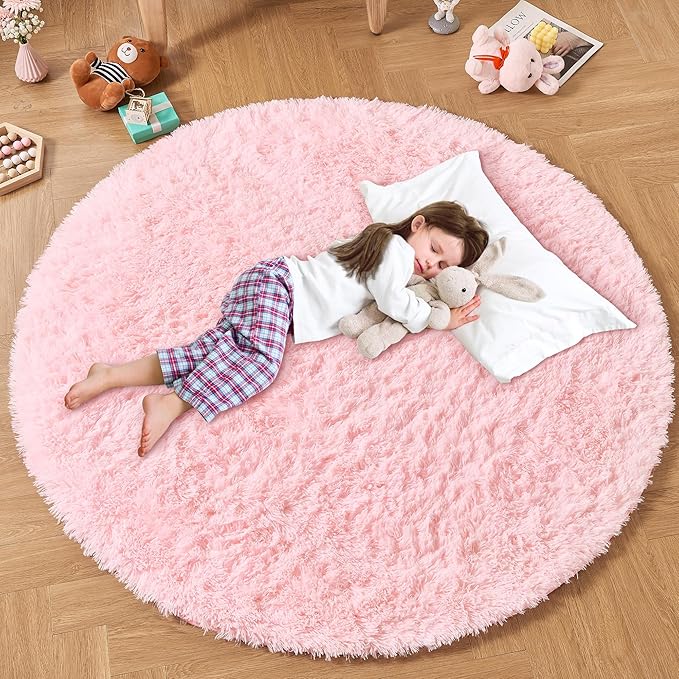 Andency Pink Round Area Rug for Bedroom, Shag Fuzzy Plush Circle Rug 7'X7' for Room, Cute Fluffy Circular Carpet for Dorm Playroom