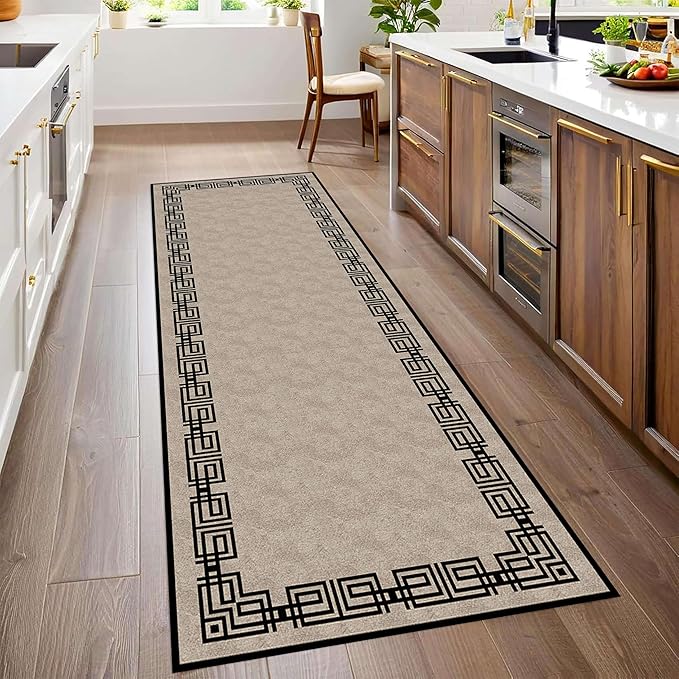 Vintage Tribal Hallway Rugs, 1.3x7ft, Southwest Brown Rustic Native Ethnic Greek Key Pattern Carpet Runners, Ultra-Thin Foldable Low Pile Distressed Rug for Dining Room Lounge