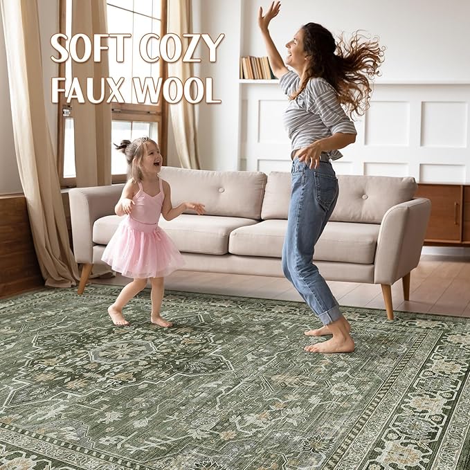10x12 Area Rug Living Room: Washable Boho Large Neutral Vintage Soft Rugs Stain Resistant Farmhouse Non Slip Indoor Floor Carpet for Bedroom Nursery Kids Playroom Office Dining Room Home- Dark Green