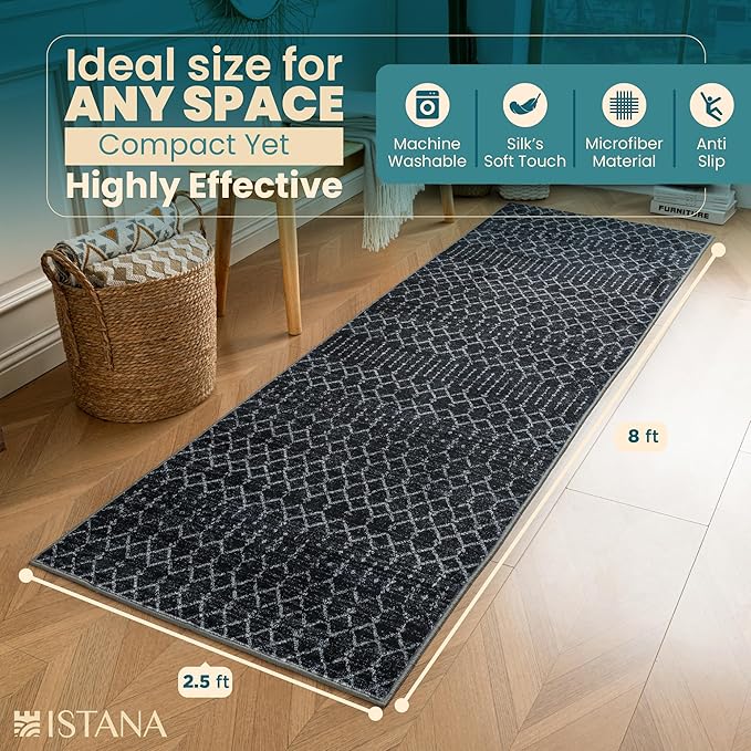 Istana Hallway Runner Rug 2.5x8 - Black Kitchen Rugs Non Slip Washable -Silk's Soft Touch Carpet Runner - Stylish Rugs for Home