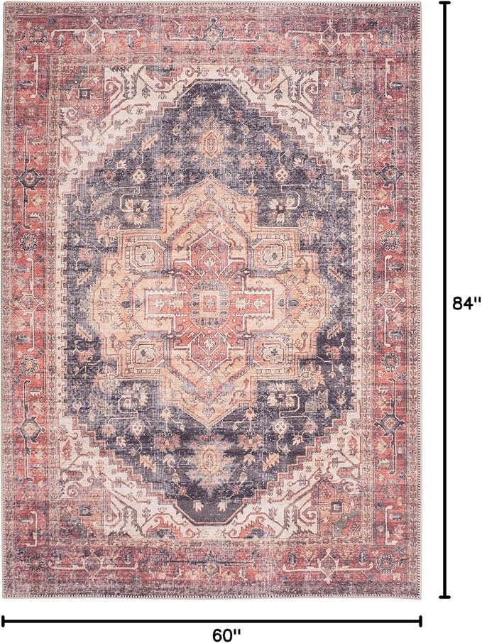 GLN Rugs Traditional Collection - Machine Washable Area Rug, Traditional Washable, Non Slip, Low Pile Chenille Rug, Living Room, Bedroom, Kitchen Rug (5' x 7' Black/Terra)