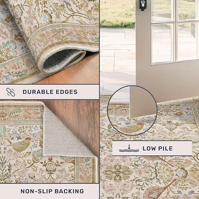 Boho Long Bathroom Runner Rug 2x6 - Floral & Bird Runner Rug for Kitchen Floor, Hallway, Laundry Room, Bedroom, Entrance, Beige Neutral Vintage Decor, Washable Non Slip Low Pile