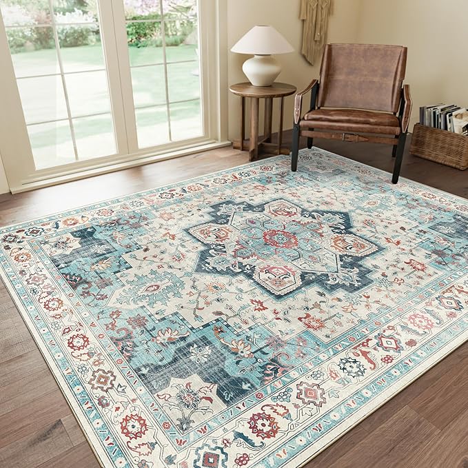 GENIMO 9x12 Area Rugs for Living Room, Machine Washable Non Slip Vintage Rugs, Low Pile Lightweight Chenille Print Rug for Bedroom, Dining Room, Home Office, Turquoise