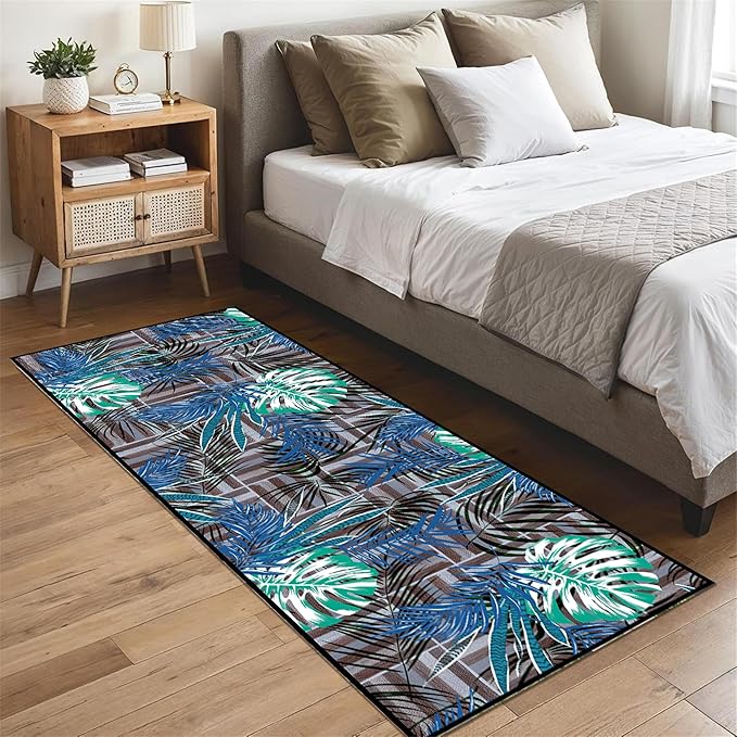3.3x7 ft Runner Rug Tropical Blue - Non-Slip Low-Pile & Washable for Hallway, Living Room, Bedroom - Botanical Leaf Print Plush Soft - No Linting Easy Clean Indoor Carpet