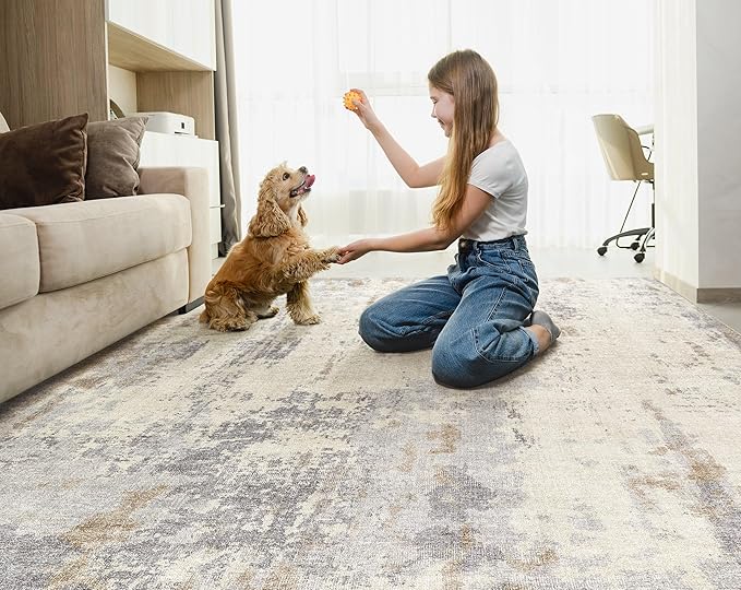 9x12 Area Rug Living Room Rugs - Washable Neutral Modern Abstract Soft Thin Rug Indoor Floor No Slip Rug Carpet for Bedroom Under Dining Table Home Office Decor - Light Brown/Gray