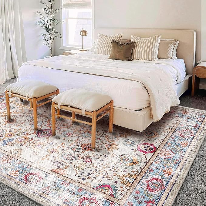 Washable 9'x12' Area Rug Vintage Traditional Distressed Indoor Foldable Thin Retro Accent Floral Non Slip Carpet Living Room Dining Room Office
