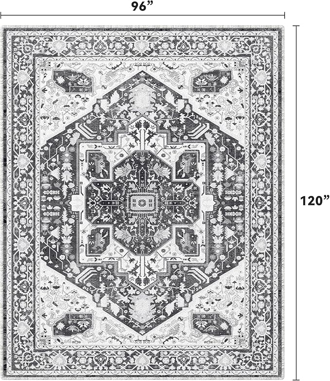 EnHomee 8x10 Washable Area Rugs for Bedroom, Boho Vintage Rugs, Foldable Area Rug for Dining Room, Non-Slip Soft Living Room Rug, Low Pile Large Carpet for Bathroom, Grey