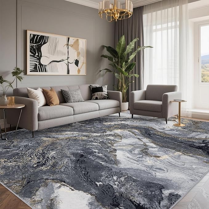 Abstract 9x12 Area Rugs: Modern Washable Rug for Living Room Bedroom Dining Room Indoor - Thin Low Pile Non-Slip Large Carpet - Black Gold