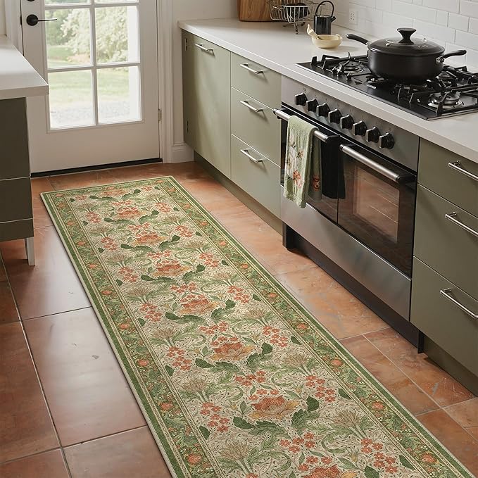 Bavni 2'6''x10 Runner Rug,Microfiber Washable Non-Slip Vintage Floral Rugs,Low Pile Lightweight Carpet for Bedroom,Hallway,Entryway,Kitchen,Bathroom, Sage Green & Burnt Orange