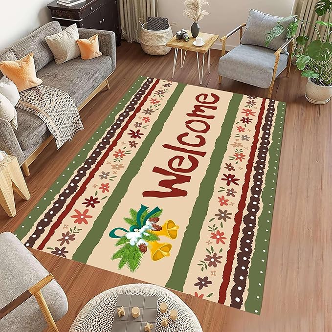 Vintage Christmas Area Rugs 4x6ft Merry Christmas Snowflakes Floral Winter Holiday Decorative Floor Mats Xmas Decorative Rugs for Living Room Bedroom Doormats Welcome Mats Non-Slip and Durable