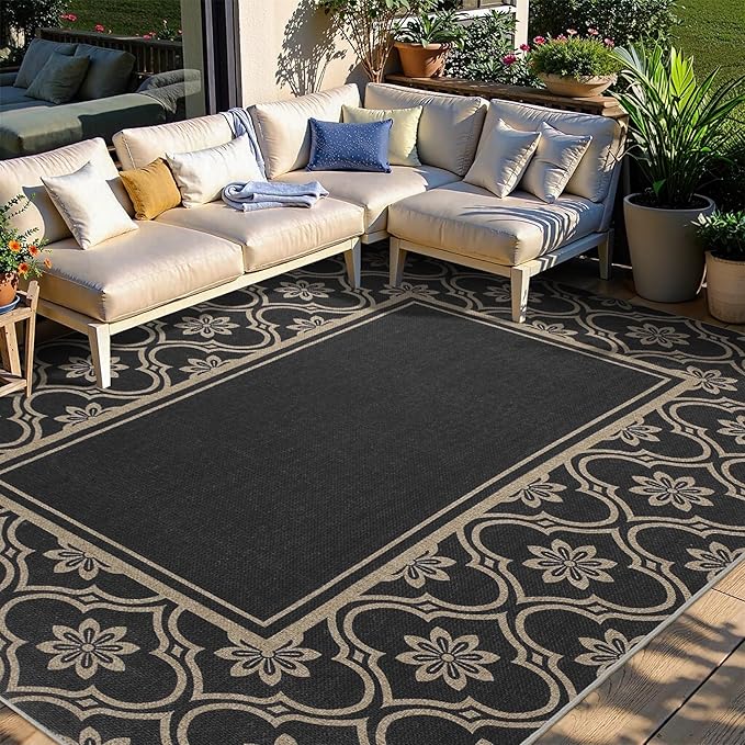 Moroccan Floral Easy Jute Rug 8x10 Outdoor Rug Washable Area Rugs for Living Room Bedroom Non Slip Neutral Farmhouse Indoor Outdoor Carpet for Backyard Patio Office