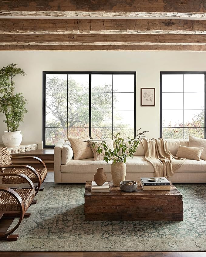 Loloi Magnolia Home by Joanna Gaines Sinclair Collection SIN-05 Jade/Sand 7'-6" x 9'-6", .25" Pile Height, Machine Washable, Area Rug