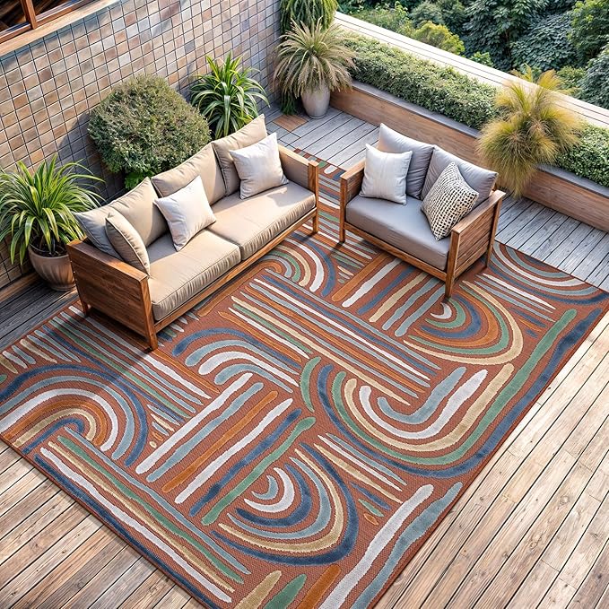 CAMILSON Indoor Outdoor Rug, Orange 9x12 Geometric Arch Striped Large Area Rugs for Patio and Home Areas, Easy-Cleaning Non-Shedding Living Room, Garden and Deck Washable Outside Carpet (9 x 12)