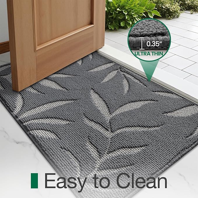 LUMI Indoor Door Mat 48x72, Washable Front Doormat with Welcome Leaf Pattern, Non-Slip Rubber Back Absorbent Mats for Entrance, Patio, Garage, Dark Grey