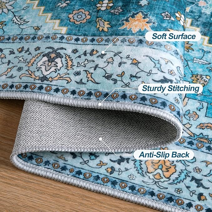 Tangsoo Blue 3x5 Washable Rug, Vintage Indoor Area Rugs, Boho Non Slip Accent Rug Carpet, Soft Low Pile Rugs for Living Room Dorm Bedroom Bedside Entryway Bathroom Home Decor