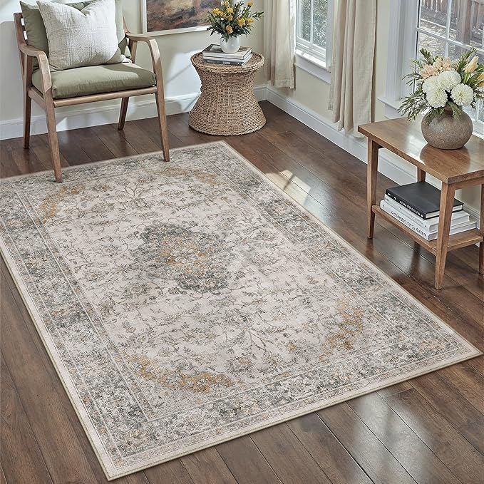 HUGEAR Retro Taupe Green Area Rug 5x7 Machine Washable Living Room Rugs Distressed Vintage Floral Low Pile Carpet Bedroom Office Dining Room Laundry Room Non Slip Soft Lightweight