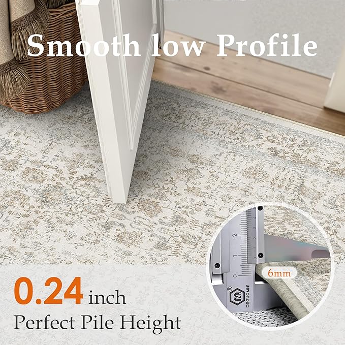 Taupe Area Rug 4x5 Office Entryway Rug Machine Washable Kitchen Vintage Distressed Non Slip Carpet Indoor Retro Floral Accent Throw Door Mat for Bathroom Bedroom Dining Living Room