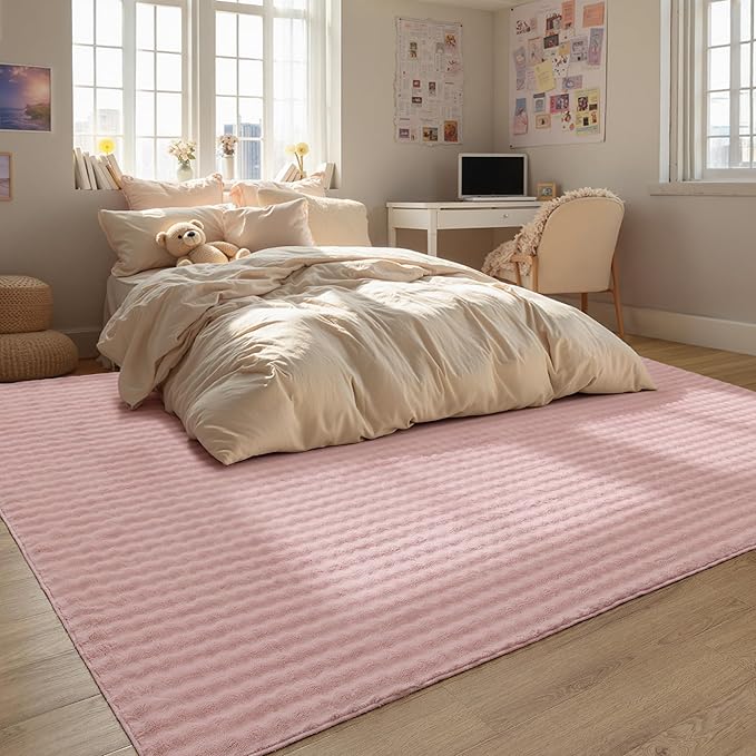 Bedsure 8x10 Fluffy Area Rugs for Living Room, Machine Washable Rugs, Non-Slip Backing, Non-Shedding, Pet Friendly Throw Rug for Bedroom Dining Room, Rug for Kids Room, Strawberry Cream