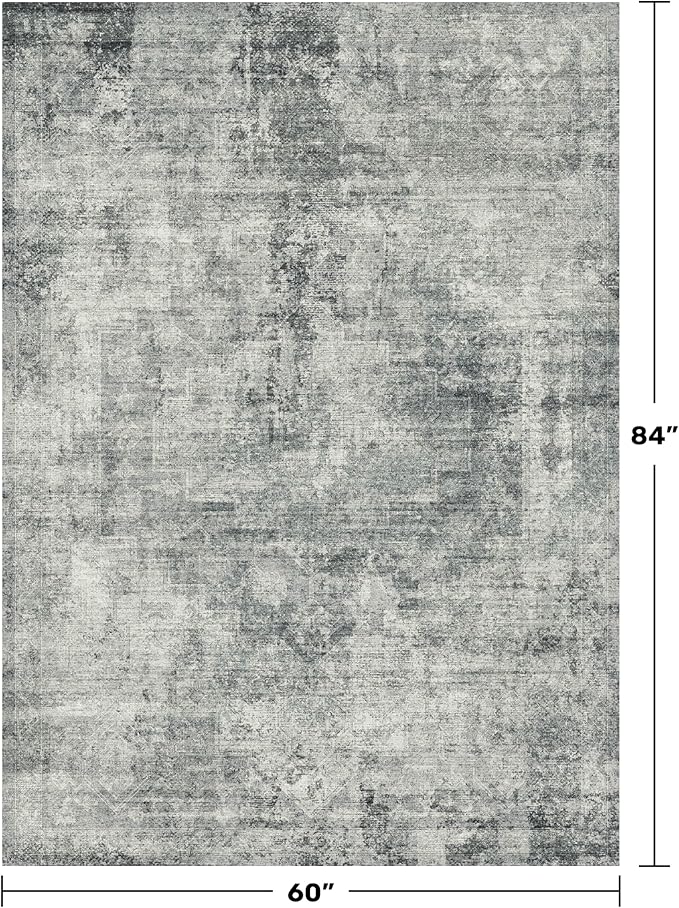 Slate Blue Abstract 5x7 Rug for Office - Dark Grey and Blue Bedroom Rug for Living Room, Washable, Non Slip & Soft, Medallion Indoor Décor