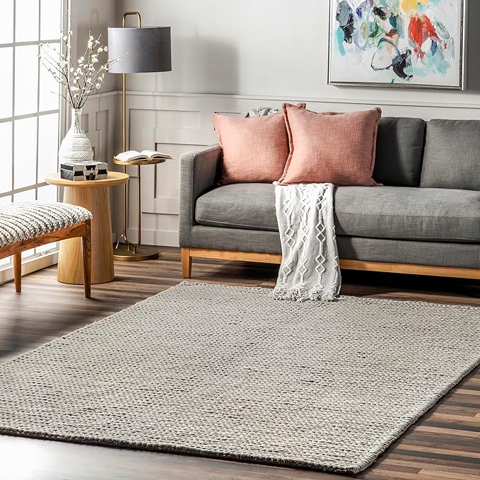 nuLOOM 4 Square Penelope Wool Braided Handmade Area Rug, Light Grey, Solid Rustic Farmhouse Style, For Bedroom, Living Room, Hallway, Entryway