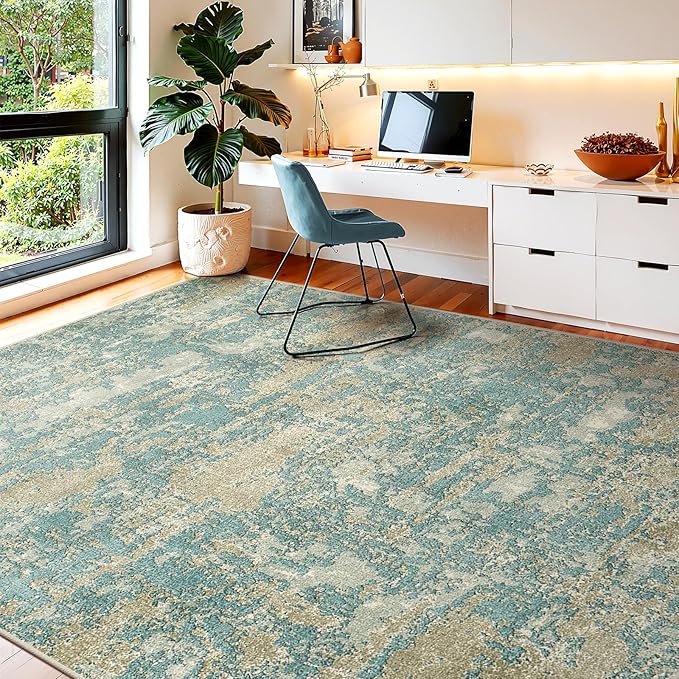 WITSHOCK Living Room Area Rugs 7x9：Modern Abstract Machine Washable Large Rug for Bedroom Dining Room Non-Slip Stain Resistant Home Office Decor,Teal Brown