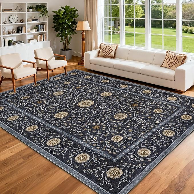 GarveeHome Boho 8x10 Area Rugs for Living Room, Floral Vintage Rugs for Bedroom with Soft Low Pile, Non Slip Stain Resistant Washable Rug 8x10 for Dining Room Blue Large Carpet for Office Playroom