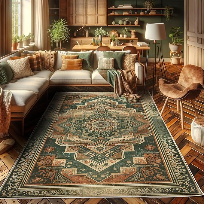 Ambesonne Oriental Boho Decorative Rug, Bohemian Flowery Mandala with Abstract Geometric Details Print, Quality Carpet for Bedroom Dorm and Living Room, 2' 5" x 5', Hunter Green Peach