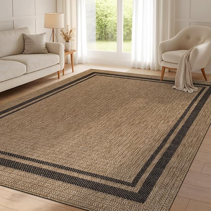 Beverly Rug Easy Jute Bordered Rug 9x12 Washable Large Indoor Outdoor Area Rugs for Living Dining Room Patio Office Stain Resistant Non Shedding Casual Indoor Outside Carpet 9 x 12 Natural