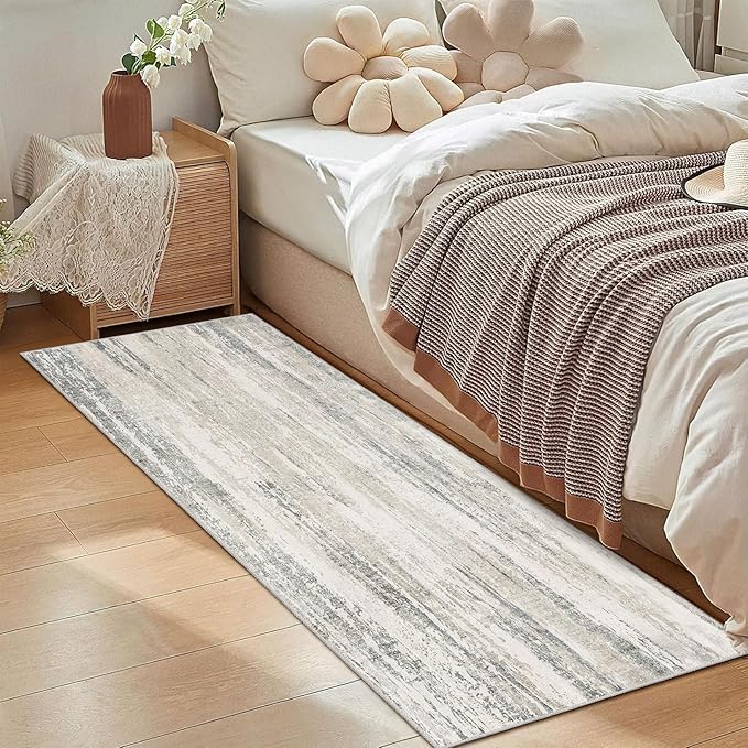 MUJOO Washable Runner Rug 2x6,Modern Abstract Area Rugs for Hallways Kitchen Bedroom Entryway Bathroom Laundry,Non Slip Carpet Long Mat Indoor,Low Pile Throw Rug Accent Neutral Beige and Grey