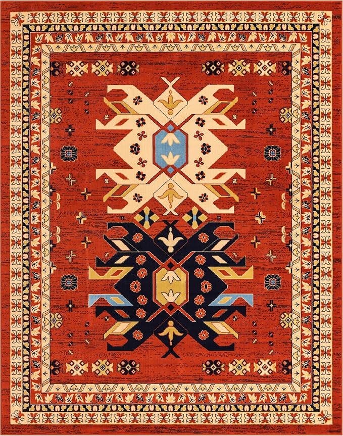Unique Loom Taftan Collection Border Geometric Tribal Inspired Design Area Rug (8' 0 x 10' 0 Rectangular, Terracotta/ Ivory)