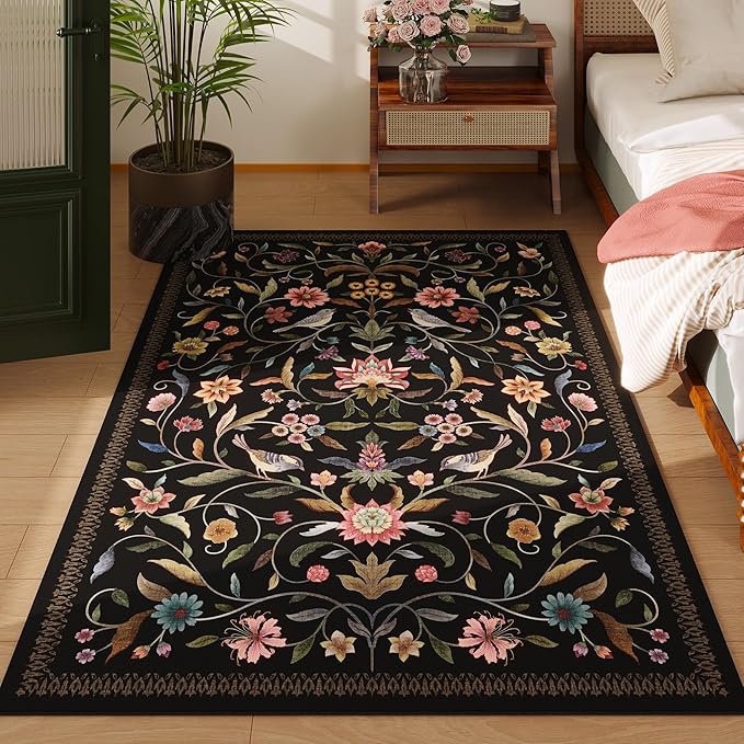 Vintage Medallion Floral 3x5 Washable Rug, Soft Low Pile Area Rug, Non-Slip Carpet for Bedside, Bedroom, Bathroom, Entryway, Kitchen, Office, Kids/Girls Room | Black