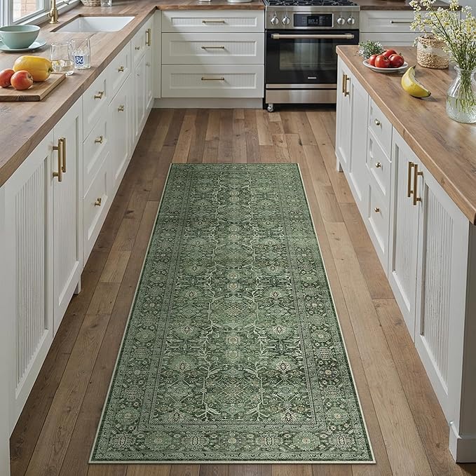 Green Runner Rug 2x6 Hallway Washable Carpet Soft Vintage Indoor Kitchen Non Slip Bedroom Traditional Retro Distressed Thicker Throw Long Rug Bathroom Laundry Entryway Office Dining Room