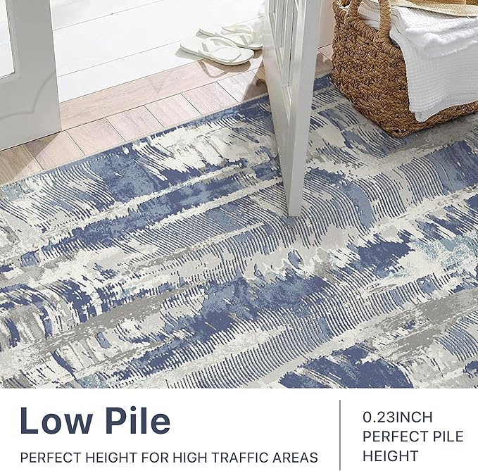Washable Rug 8x10 Area Rug for Living Room Bedroom, Large Modern Abstract Rug Indoor Floor Carpets Low Pile No Shed Non-Slip with Rubber Backing Dining Room Kitchen Office (Blue, 8'x10')
