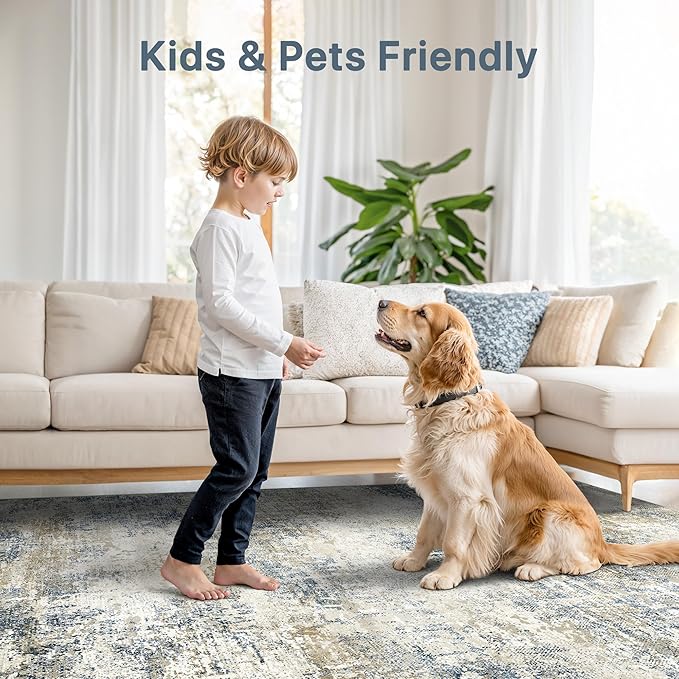 Bavni 8x10 Area Rugs Machine Washable Rug for Living Room, Modern Printed Rug Indoor Soft Area Rug for Bedroom Dining Room, Ultra-Thin Low Pile Carpet with Non Slip Rubber Backing, Gray Beige Blue